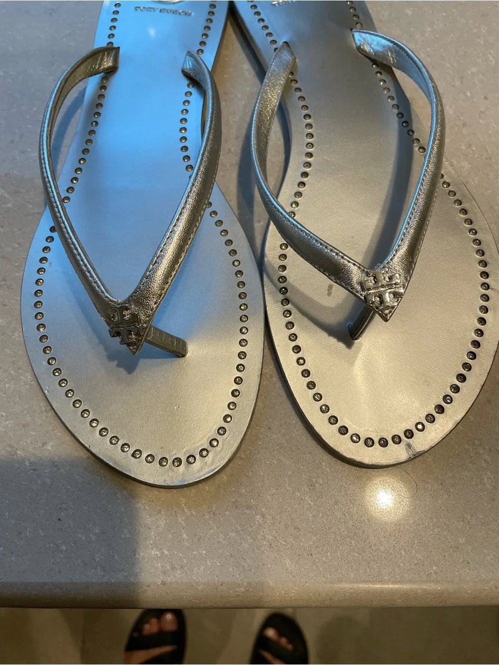 Tory Burch Metallic Silver & Crystal Flip Flop Sandals